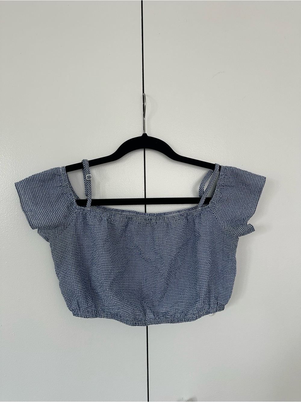 Blue Gingham Off-Shoulder Crop Top